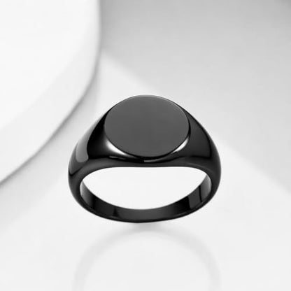 MYNENEY Stainless Steel Round Statement Pinky Signet Rings for Men Women - color: Custom-Black