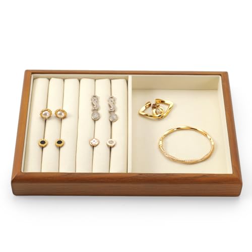 Oirlv Wood Ring Display Tray | Solid Wood Frame, Soft Microfiber Lining, 9.84X17X1.18in, Elegant Display, Perfect for Ring Storage and Retail - color: Cream, size: 5 slot
