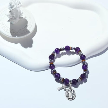 Rosary for Men Women, Natural Stone Beads with St. Benedict Bracelet | 8 mm Natural Stone Prayer Beads with 10 mm Accent Beads, St. Benedict Crucifix, Matching Bracelet, Gift Box and Pouch. - color: Purple