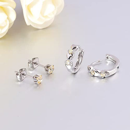 CiNily 14K White Gold Plated Small Hoop Earrings for Women Girls Heart Cubic Zirconia Hypoallergenic Earrings - color: Studs set-silver-light yellow