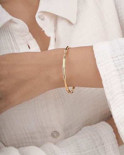 Gold Bamboo Bangle Bracelet for Women – 18K Gold Plated Stainless Steel Slip-On Oval Bangle – Hypoallergenic Waterproof Tarnish Resistant – Minimalist Stackable Jewelry – Gift for Her