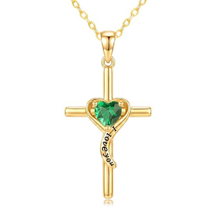 14K Gold Cross Necklace for Women Dainty Birthstone Pendant | Heart I Love You Romantic Jewelry Anniversary Christian Religious Baptism Birthday Gifts with 18"+2" Adjustable Chain - color: 14K Gold-05-May Birthstone