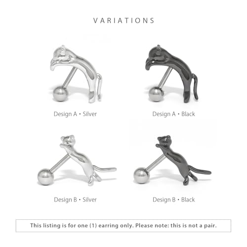RIN 16G Cat Body Piercing Ball End Cartilage Jewelry Surgical Stainless Steel 1PC for Vertical Helix Ear Lobe Women Men - color: Silver, 16G/A