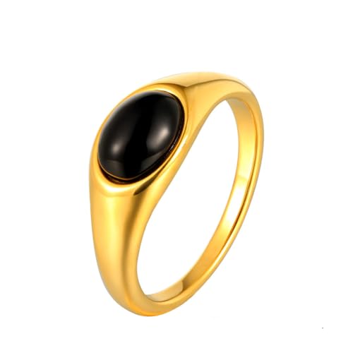 HIJONES Women's Stainless Steel Oval Opal Gemstone Dome Stacking Signet Ring Charming Wedding Jewelry - color: Black Stone