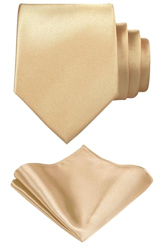 TIE G Solid Satin Woven dyed Color Formal Black Necktie and Pocket Square Sets in Gift Box - color: Beige