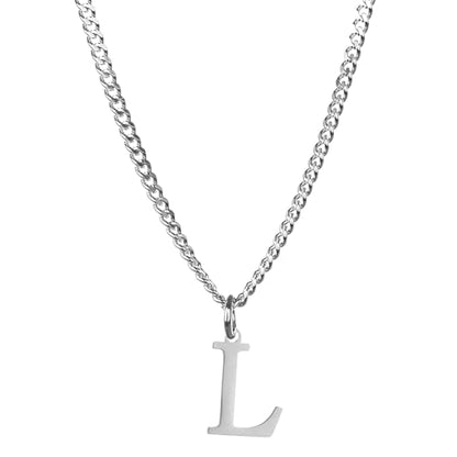 Men’s Minimal Initial Necklace, Stainless Steel Gold Silver Tone 26 Letters Pendant Necklace for Men Women 3.5mm Cuban Chain Waterproof - style: L