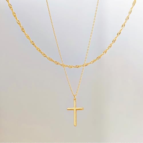 Airmb Cross Necklace for Women Gold/Silver Plated Layered Dainty Cross Chain Trendy Choker Satellite Charm Small Crucifix Pendant Gold/Silver Necklace Stackable Hypoallergenic Delicate Gift for Women - color: Gold-2PS Singapore Chain
