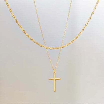 Airmb Cross Necklace for Women Gold/Silver Plated Layered Dainty Cross Chain Trendy Choker Satellite Charm Small Crucifix Pendant Gold/Silver Necklace Stackable Hypoallergenic Delicate Gift for Women - color: Gold-2PS Singapore Chain