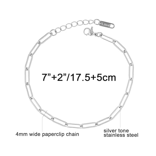 kelistom 14K Gold Filled Stainless Steel Paperclip Chain Bracelet for Women, 7.5” Rectangle Link Bracelets, Waterproof and Never Tarnish - color: stainless steel-4mm+extender