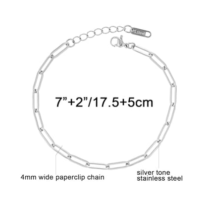 kelistom 14K Gold Filled Stainless Steel Paperclip Chain Bracelet for Women, 7.5” Rectangle Link Bracelets, Waterproof and Never Tarnish - color: stainless steel-4mm+extender