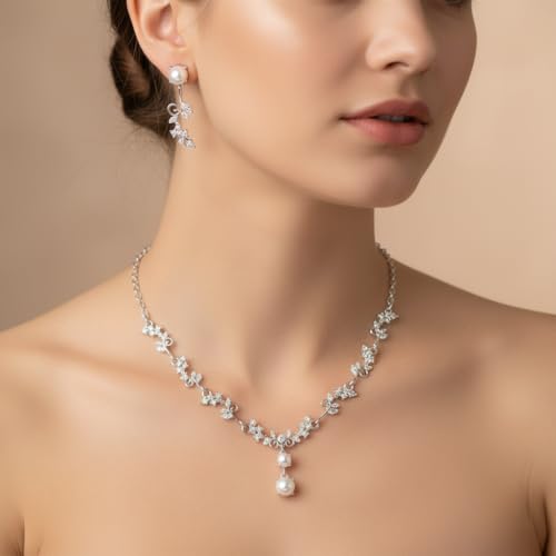 Silver Jewelry Sets for Women Rhinestone Necklace Dangle Earrings Bracelet Set Bridal Wedding Jewelry Sets for Brides Bridemaid Prom Costume Accessories Jewelry - style: Silver Jewelry Set style4