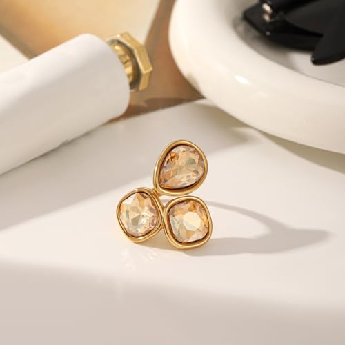 Geometric Crystal Statement Ring for Women Stainless Steel Adjustable Open Bezel Square Teardrop Austrian CZ Princess Cut Wedding Promise Finger Rings Comfort Fit Stacking Band Dainty Jewelry Art Deco - color: Champagne Cz