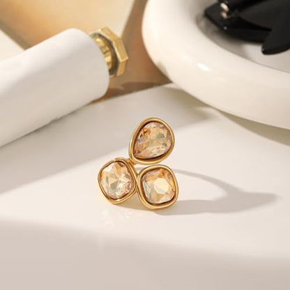 Geometric Crystal Statement Ring for Women Stainless Steel Adjustable Open Bezel Square Teardrop Austrian CZ Princess Cut Wedding Promise Finger Rings Comfort Fit Stacking Band Dainty Jewelry Art Deco - color: Champagne Cz