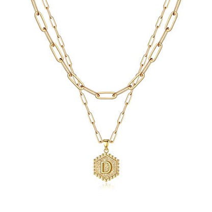 M MOOHAM Dainty Initial Necklaces for Women, 14K-Gold-Plated Layering Necklace for Women Cute Hexagon Letter Initial Necklace Layered Necklaces for Womens Teen Girl Gifts - color: 14K-Gold-Plated, style: D