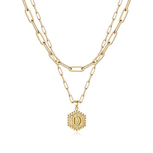 M MOOHAM Dainty Initial Necklaces for Women, 14K-Gold-Plated Layering Necklace for Women Cute Hexagon Letter Initial Necklace Layered Necklaces for Womens Teen Girl Gifts - color: 14K-Gold-Plated, style: D
