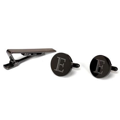 Mens Initial Cufflinks and Tie Clip A-Z Alphabet Letter Black Stainless Cuff Links Tie Bar with Engraved Walnut Wood Box Groom Groomsman Wedding Set - style: Classic-E
