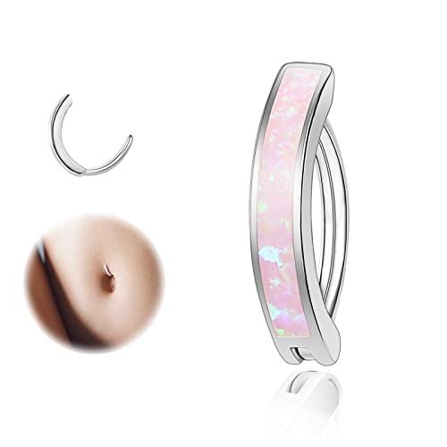 ZS 14G Clicker Belly Button Rings for Women, 925 Sterling Silver Opal Belly Barbell Piercing Reverse Curved Navel Barbell Body Jewelry - color: Pink Opal:14G,10mm