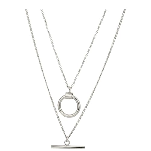 Layered Necklace Set – Double Chain Open Circle and Bar Pendant for Women crafted in Rhodium Plated or 14K Yellow Gold Plated Sterling Silver– Minimalist Stacking Jewelry (16” & 18” Adjustable) - color: White Gold
