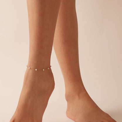 Ankle Bracelets for Women 18K Gold Plated Dainty Layering Anklets for Women Layered Twisted Rope Coin Chain Anklet Bracelets Waterproof Beach Summer Foot Jewelry - color: Pearl Chain-Gold