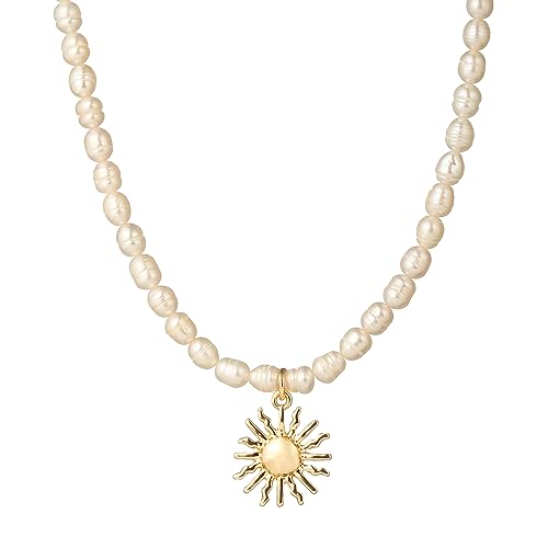 wgoud Natural Freshwater Pearl Choker Necklace for Women, Trendy 14K Gold Plated Pearl Necklaces Handmade Jewelry Gift - color: Sun Necklace