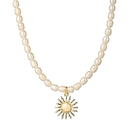 wgoud Natural Freshwater Pearl Choker Necklace for Women, Trendy 14K Gold Plated Pearl Necklaces Handmade Jewelry Gift - color: Sun Necklace