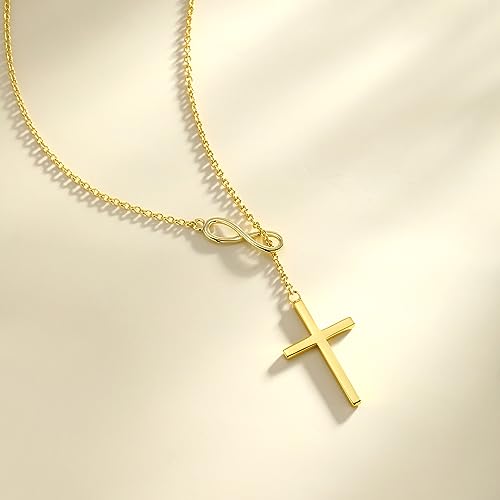 FANCIME White Gold Plated 925 Sterling Silver High Polished Infinity Cross Pendant Lariat Necklace Y Necklace Gift for Women, 18" - color: Y cross-gold