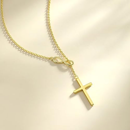 FANCIME White Gold Plated 925 Sterling Silver High Polished Infinity Cross Pendant Lariat Necklace Y Necklace Gift for Women, 18" - color: Y cross-gold