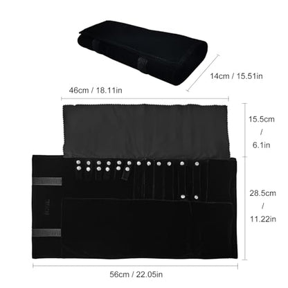 Travel Roll Bag Jewelry Display Storage Organizer Multi-function Velvet Pouch (Black) - color: Black