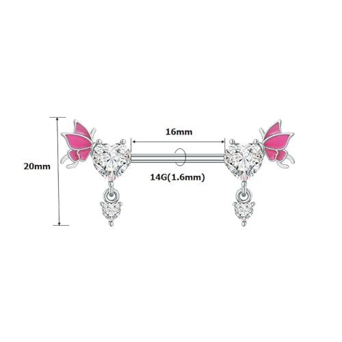 Pink Heart Nipple Rings for Women 14G 16mm Surgical Steel CZ Rhinestone Butterfly Dangling Nipple Shield Studs Body Piercing Jewelry Gifts - color: White