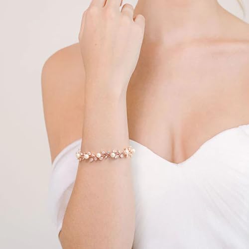 EVER FAITH Gorgeous Cubic Zirconia Pearl Wedding Link Bracelet for Bride | Marquise Teardrop Crystal Bridal Prom Jewelry, for Women Bridesmaids - style: Vine_Rose Gold-Tone