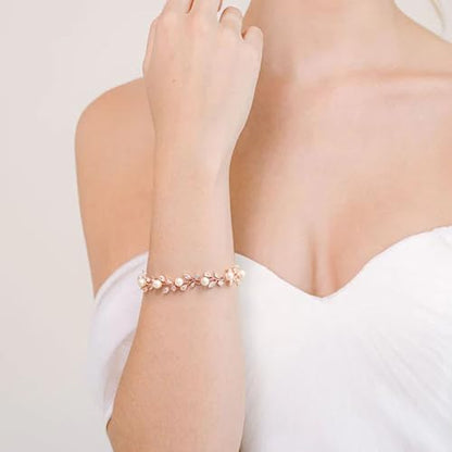 EVER FAITH Gorgeous Cubic Zirconia Pearl Wedding Link Bracelet for Bride | Marquise Teardrop Crystal Bridal Prom Jewelry, for Women Bridesmaids - style: Vine_Rose Gold-Tone