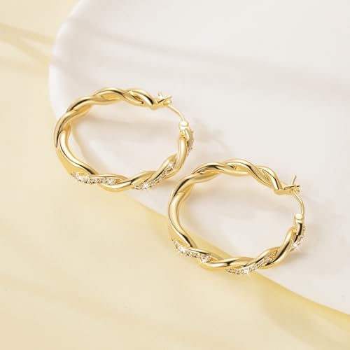 ENROSE Gold Hoop Earrings 14K Gold Earring for Women | Twisted Gold Hoop Earrings Minimalist Diamond Earring Jewelry 29mm*4mm - style: B-GD