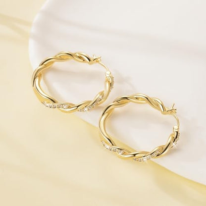 ENROSE Gold Hoop Earrings 14K Gold Earring for Women | Twisted Gold Hoop Earrings Minimalist Diamond Earring Jewelry 29mm*4mm - style: B-GD