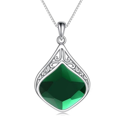 YAFEINI Teardrop Necklace Sterling Silver Filigree Irish Pendant Necklace Natural Stone Moonstone/Lapis Lazuli/Larimar/Moss Agate Necklace Jewelry - color: Emerald stone necklace