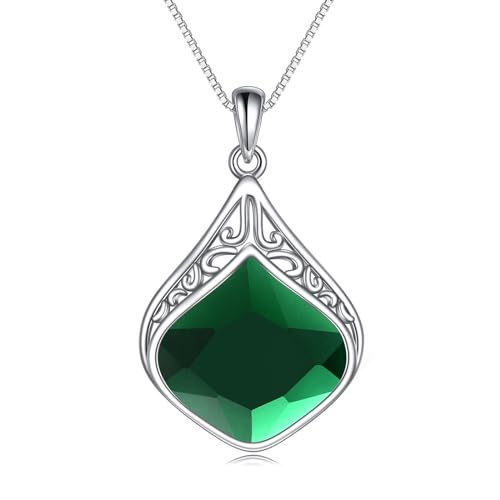 YAFEINI Teardrop Necklace Sterling Silver Filigree Irish Pendant Necklace Natural Stone Moonstone/Lapis Lazuli/Larimar/Moss Agate Necklace Jewelry - color: Emerald stone necklace
