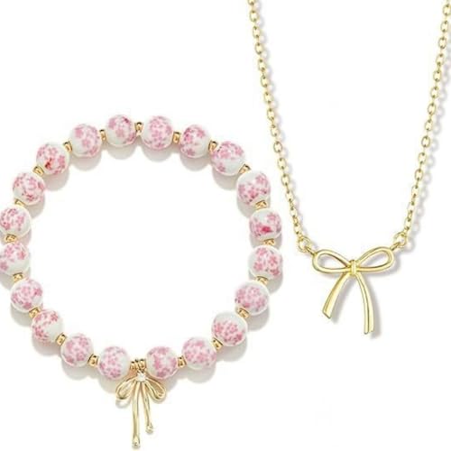 3PCS Bow Beaded Jewelry Set for Women Vintage Handmade Flower Blue And White Porcelain Enamel Ribbon Necklace Bracelet and Earrings Bow Christmas Birthday Holiday Charm Romantic Jewelry Gifts - style: Style B