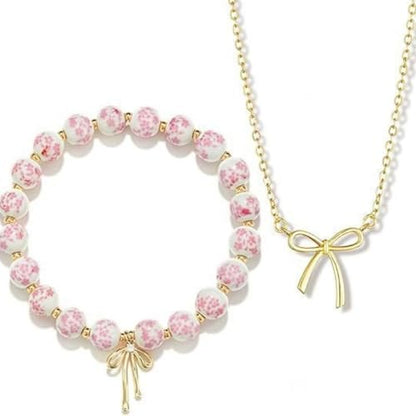 3PCS Bow Beaded Jewelry Set for Women Vintage Handmade Flower Blue And White Porcelain Enamel Ribbon Necklace Bracelet and Earrings Bow Christmas Birthday Holiday Charm Romantic Jewelry Gifts - style: Style B