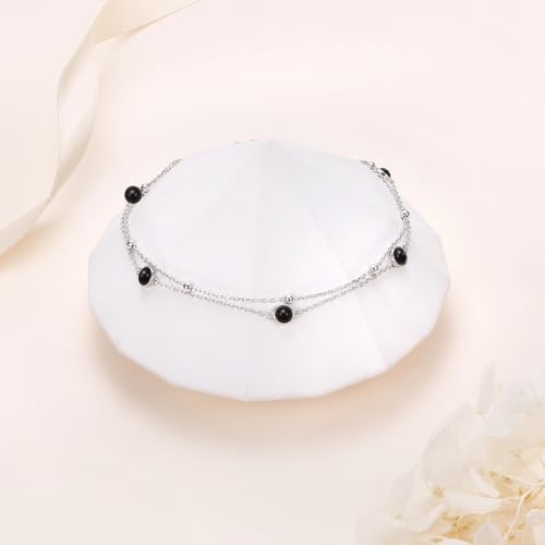 Flyow Anklet for Women S925 Sterling Silver Adjustable Foot Beaded Heart Charm Ankle Bracelet Anklets Jewelry - style: Black Onyx