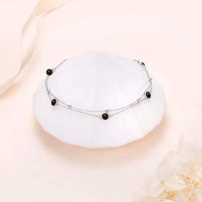 Flyow Anklet for Women S925 Sterling Silver Adjustable Foot Beaded Heart Charm Ankle Bracelet Anklets Jewelry - style: Black Onyx