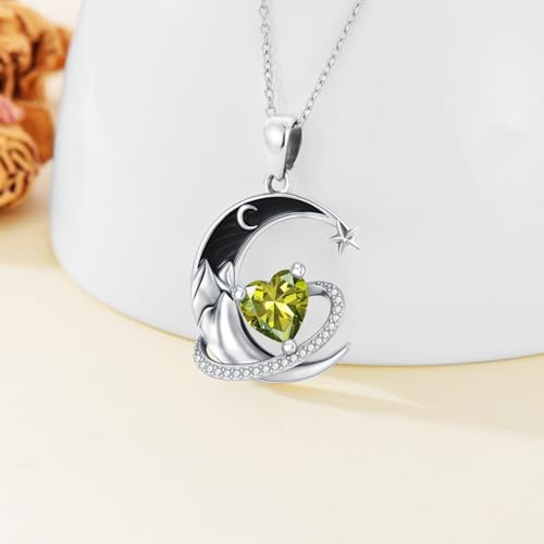 I Love You to the Moon and Back Necklace 925 Sterling Silver Black Crescent Moon Star Pendant with Heart Birthstone Necklace Anniversary Gothic Jewelry Gifts for Women Wife Lovers - color: 08-Aug-Peridot