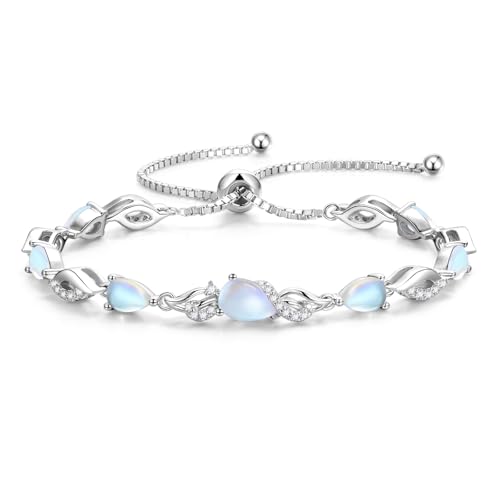 FANCIME Birthstone Teardrop Tennis Bracelet for Women, Sterling Silver 9x7mm main Gemstone Bolo Adjustable Chain Bracelet Fine Jewelry Birthday Gifts for Women Mom Wife Her - color: 06-Moonstone