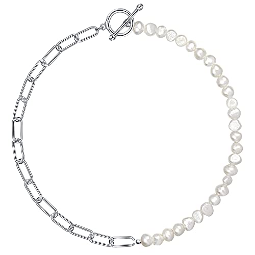 Pearl Necklace for Women Paperclip Chain Chunky Gold Necklace, Freshwater Cultured Pearls Trendy Link Chain 18K Gold Plated Dainty Pearl Choker - color: Silver pearl paperclip necklace
