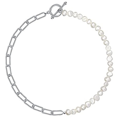 Pearl Necklace for Women Paperclip Chain Chunky Gold Necklace, Freshwater Cultured Pearls Trendy Link Chain 18K Gold Plated Dainty Pearl Choker - color: Silver pearl paperclip necklace