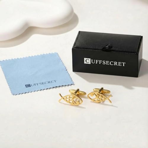 Men’s Abstract Fish Cufflinks – Stainless Steel Nautical-Themed Cuff Links with Gift Box & Polishing Cloth – Available in Silver & Gold - color: golden
