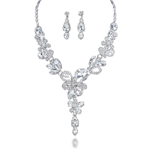 Rhinestone Crystal Bridal Necklace Floarl Art Deco Teardrop Collar Necklace Dangle Earrings Jewelry Set for Women - color: Silver