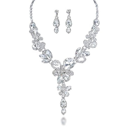 Rhinestone Crystal Bridal Necklace Floarl Art Deco Teardrop Collar Necklace Dangle Earrings Jewelry Set for Women - color: Silver