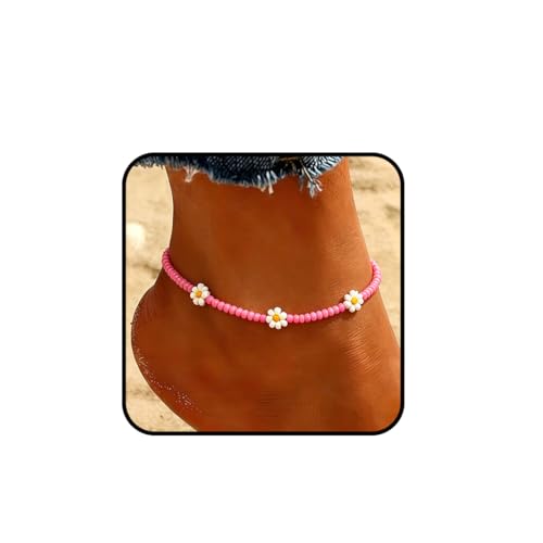 Beaded Chain Ankle Bracelets for Women Waterproof Sunflower Anklets Beachy Vacation Foot Jewelry Gifts - color: Pink
