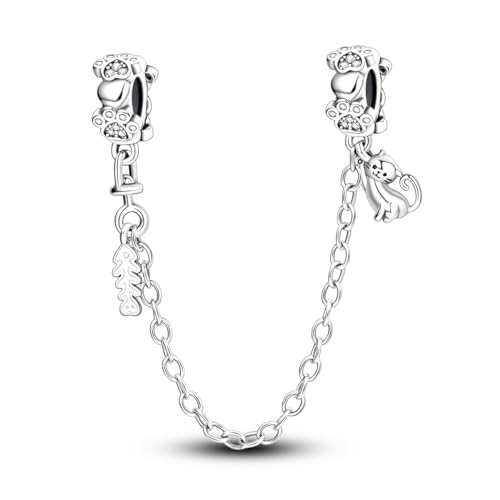 925 Sterling silver Safety Chain Charm for Bracelet Pendants Clip Beads | Infinite Love Butterfly Evil Eye Stopper Spacer dangle Charm for Woman Jewelry Gift - color: Cat with fish