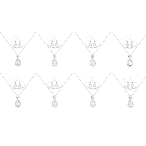 Plated Gold Silver Elegant Teardrop Zircon Earrings Necklace Bracelet Set for Bridesmaids, Sparkling Cubic Zirconia Jewelry, Wedding Gift, 4/5/6-Piece - color: 8 Sets Silver