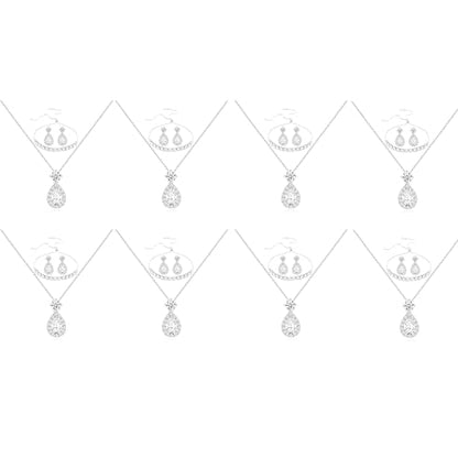 Plated Gold Silver Elegant Teardrop Zircon Earrings Necklace Bracelet Set for Bridesmaids, Sparkling Cubic Zirconia Jewelry, Wedding Gift, 4/5/6-Piece - color: 8 Sets Silver